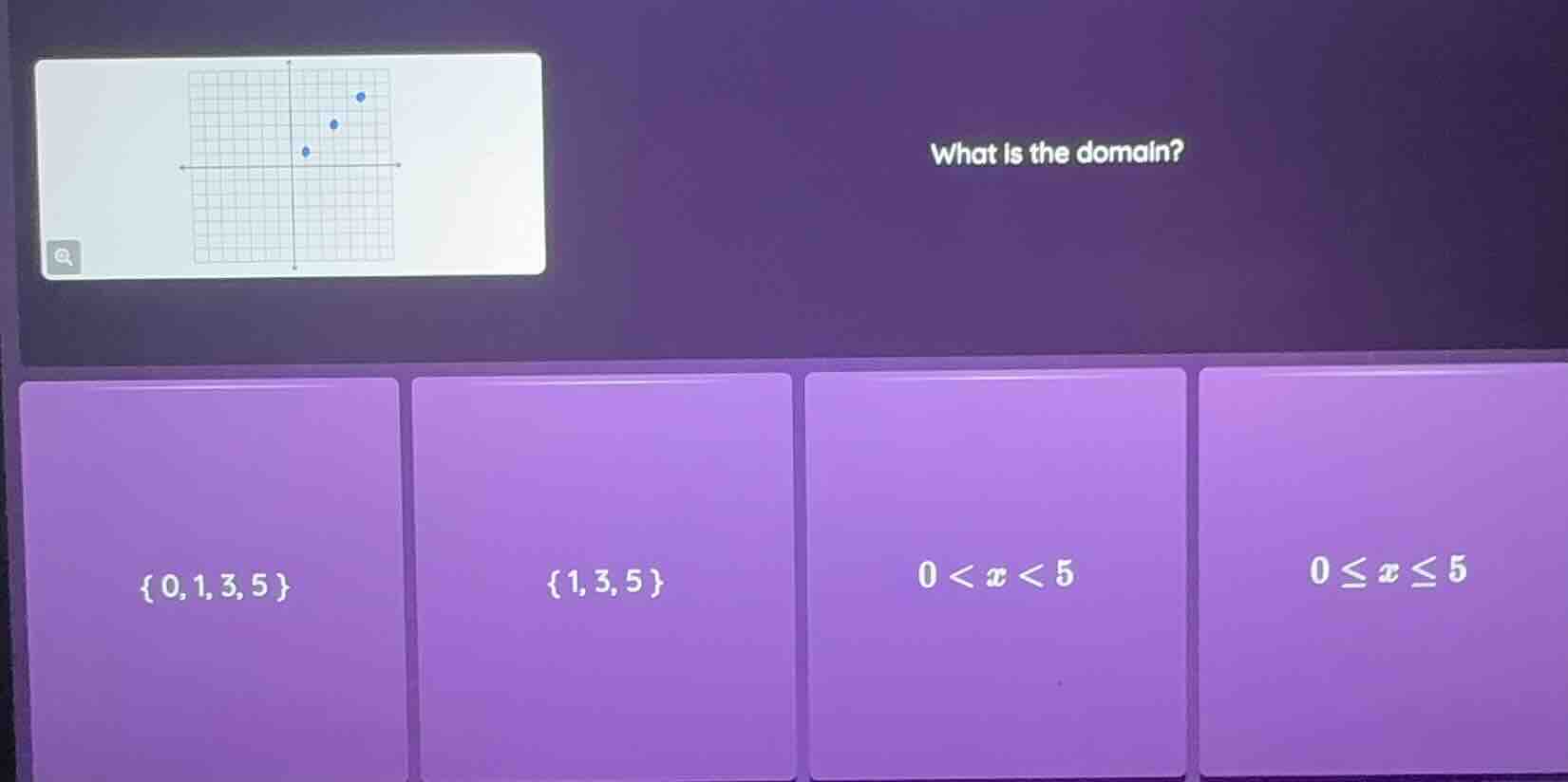 what is the domain? options: {0,1,3,5}, {1,3,5}, 0 < x < 5, 0 ≤ x ≤ 5 (…