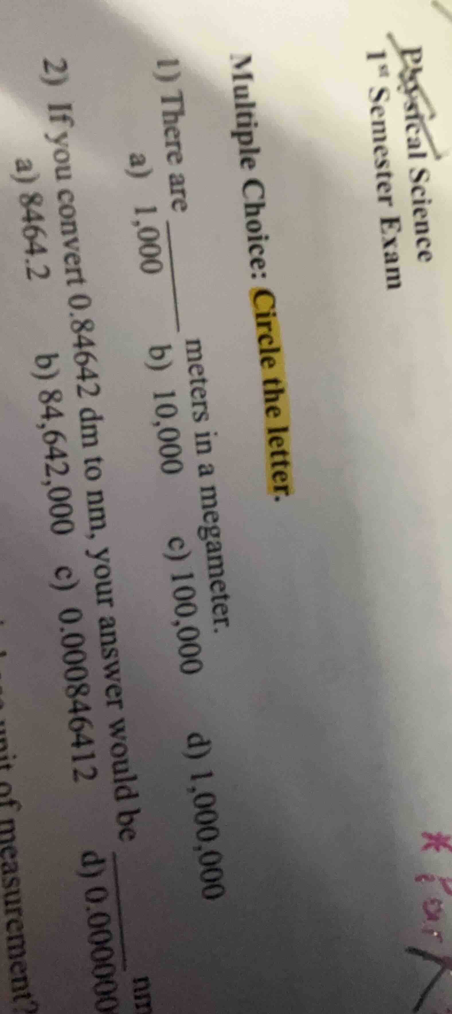 physical science 1st semester exam multiple choice: circle the letter. …