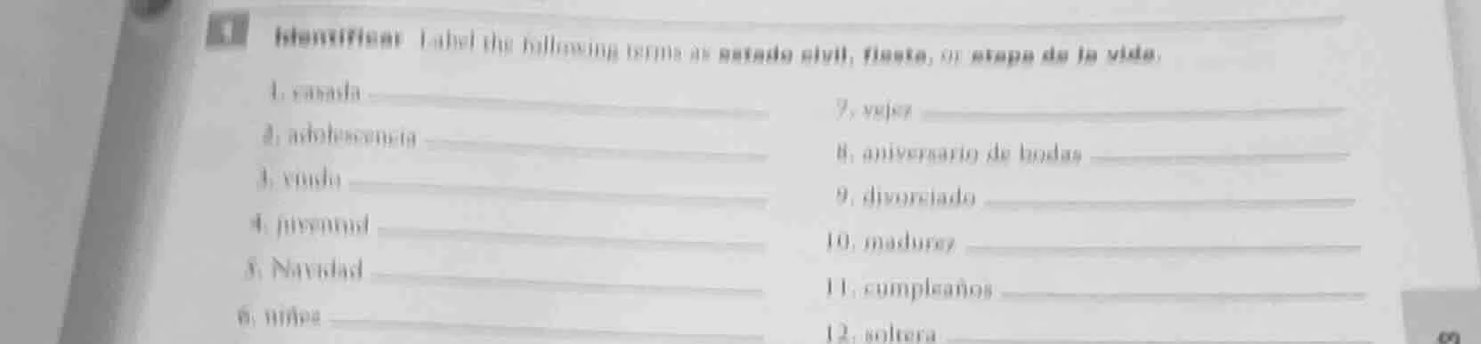 identificar label the following terms as estado civil, fiesta, or etapa…