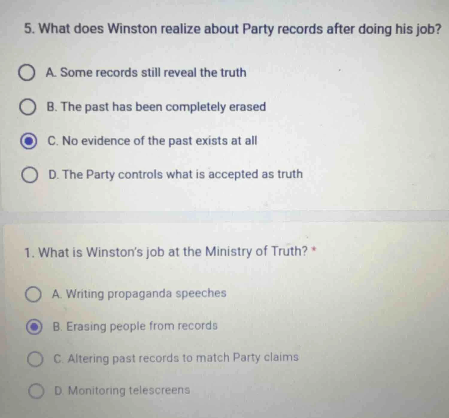 5. what does winston realize about party records after doing his job? a…