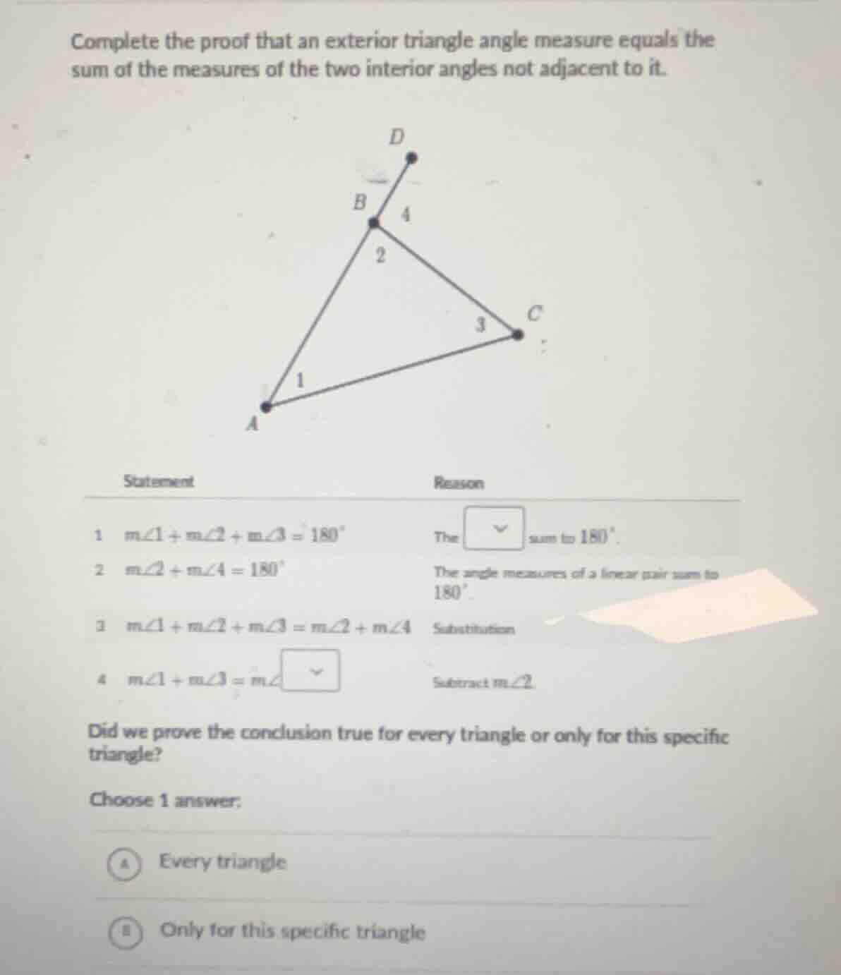 complete the proof that an exterior triangle angle measure equals the s…