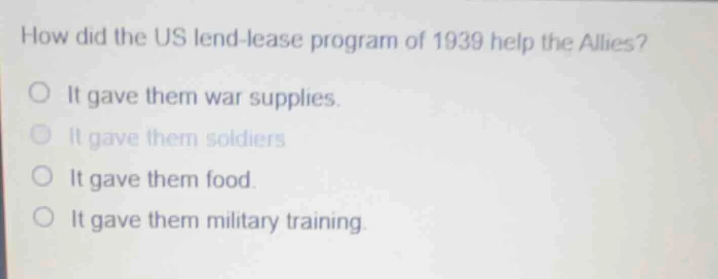 how did the us lend-lease program of 1939 help the allies? ○ it gave th…