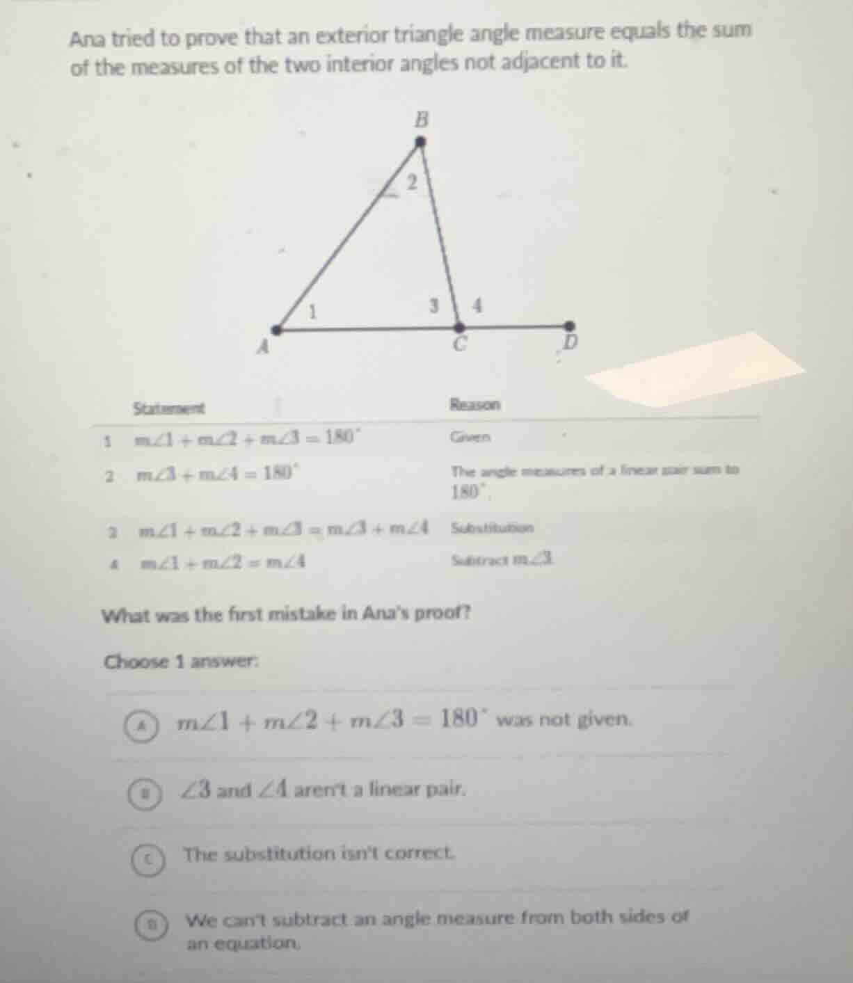 ana tried to prove that an exterior triangle angle measure equals the s…