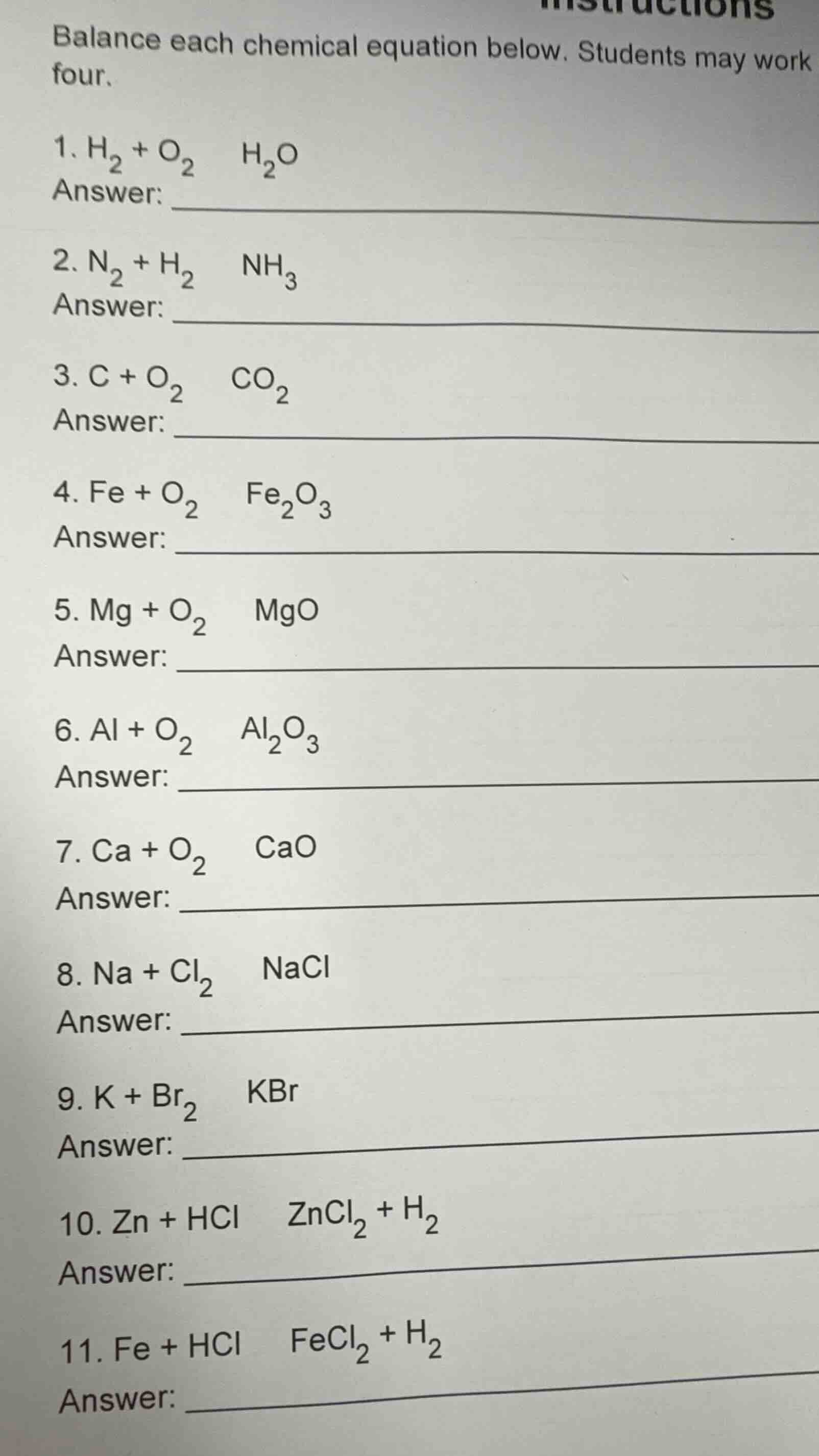 instructions balance each chemical equation below. students may work fo…