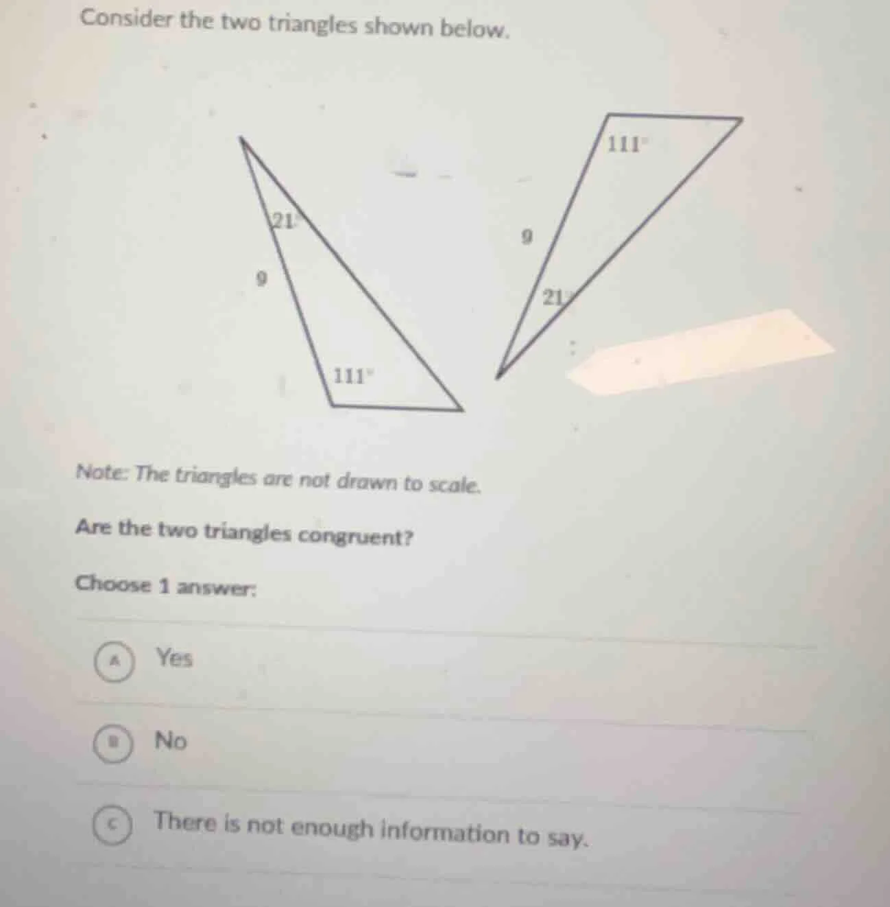 consider the two triangles shown below. note: the triangles are not dra…