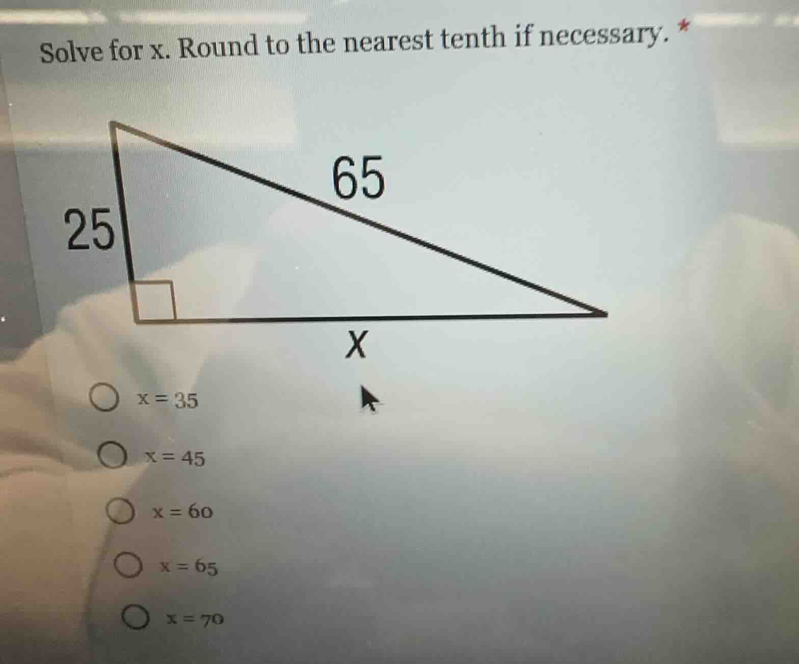 solve for x. round to the nearest tenth if necessary. right triangle wi…