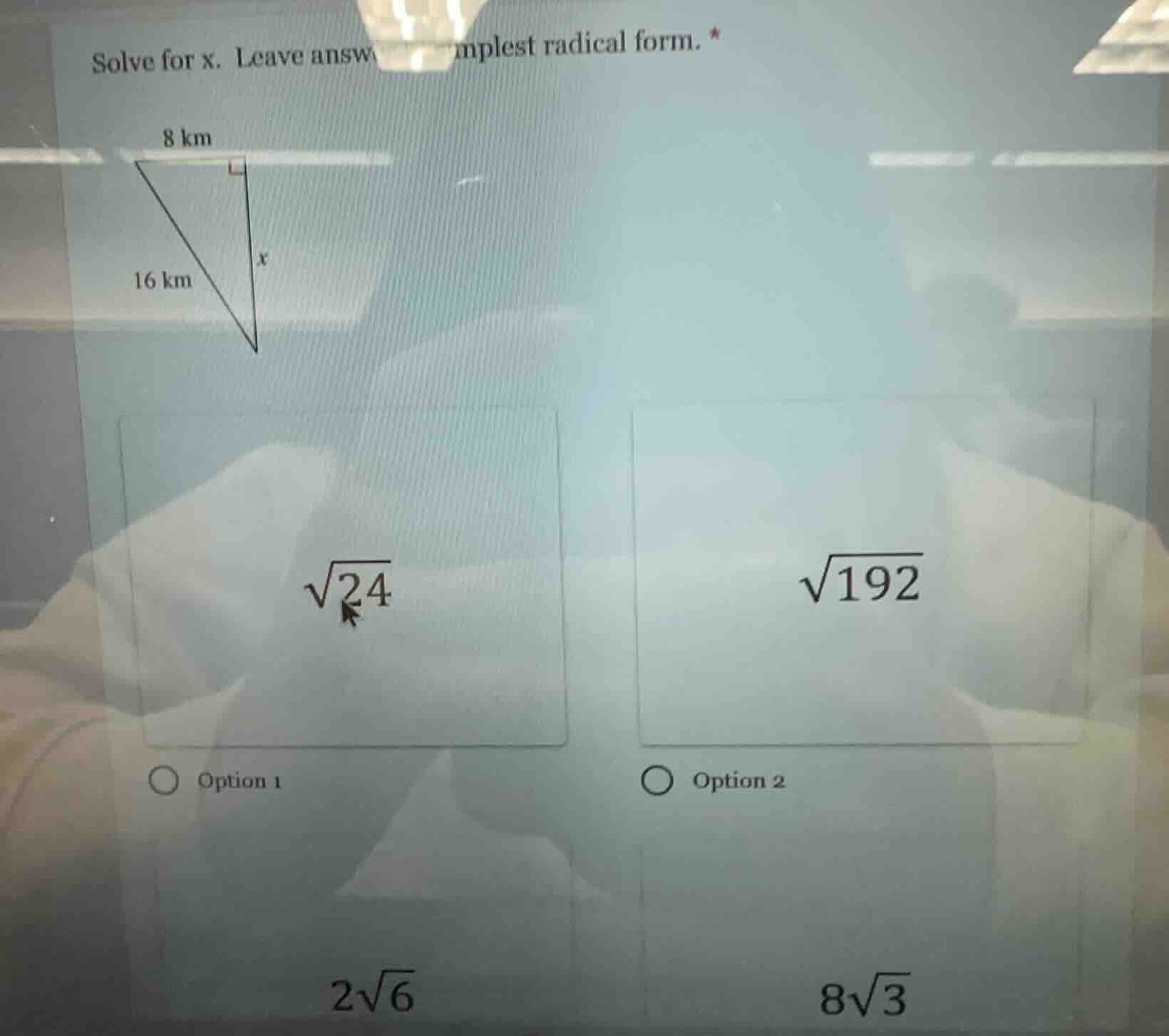 solve for x. leave answer in simplest radical form. right triangle with…
