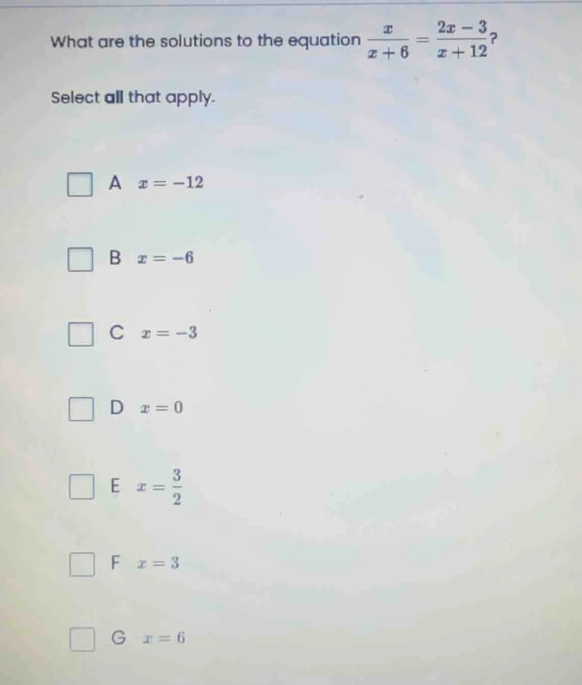 what are the solutions to the equation \\(\\frac{x}{x + 6} = \\frac{2x …