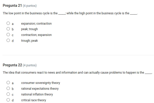 pregunta 21 (4 puntos) the low point in the business cycle is the ____;…
