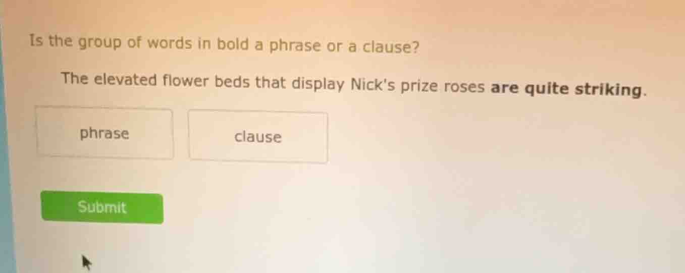 is the group of words in bold a phrase or a clause? the elevated flower…