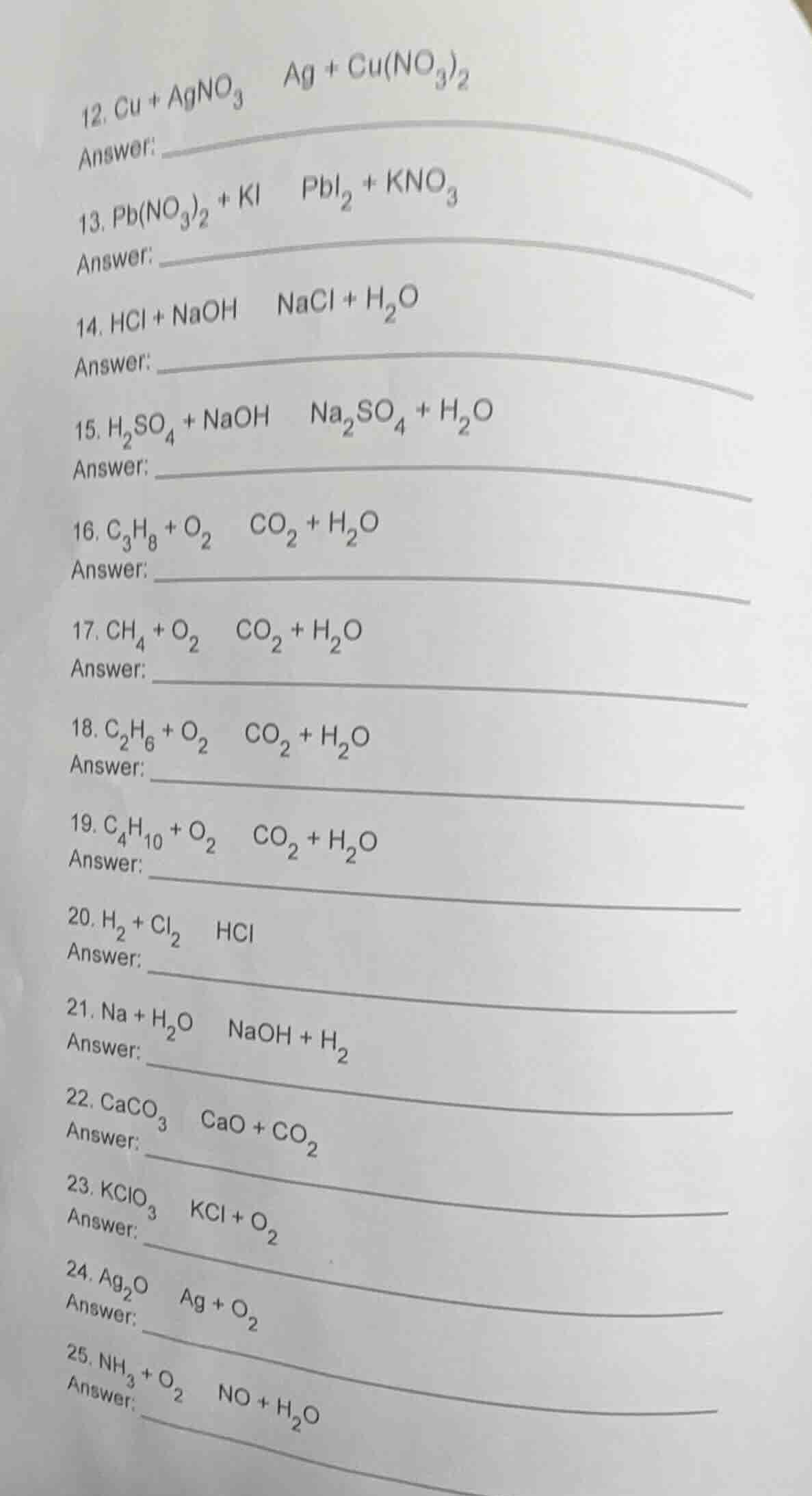 12. $\\ce{cu + agno_{3}}$ $\\ce{ag + cu(no_{3})_{2}}$ answer: 13. $\\ce…
