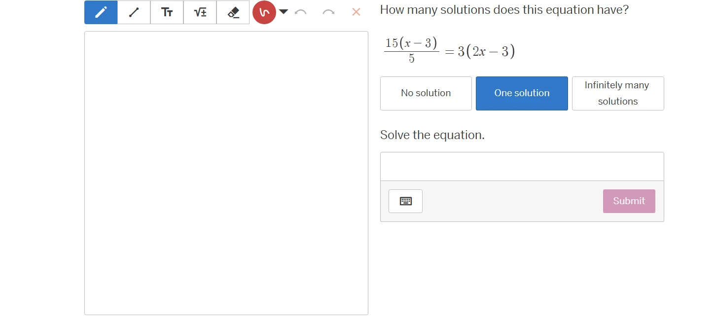 how many solutions does this equation have? \\(\\frac{15(x - 3)}{5} = 3…