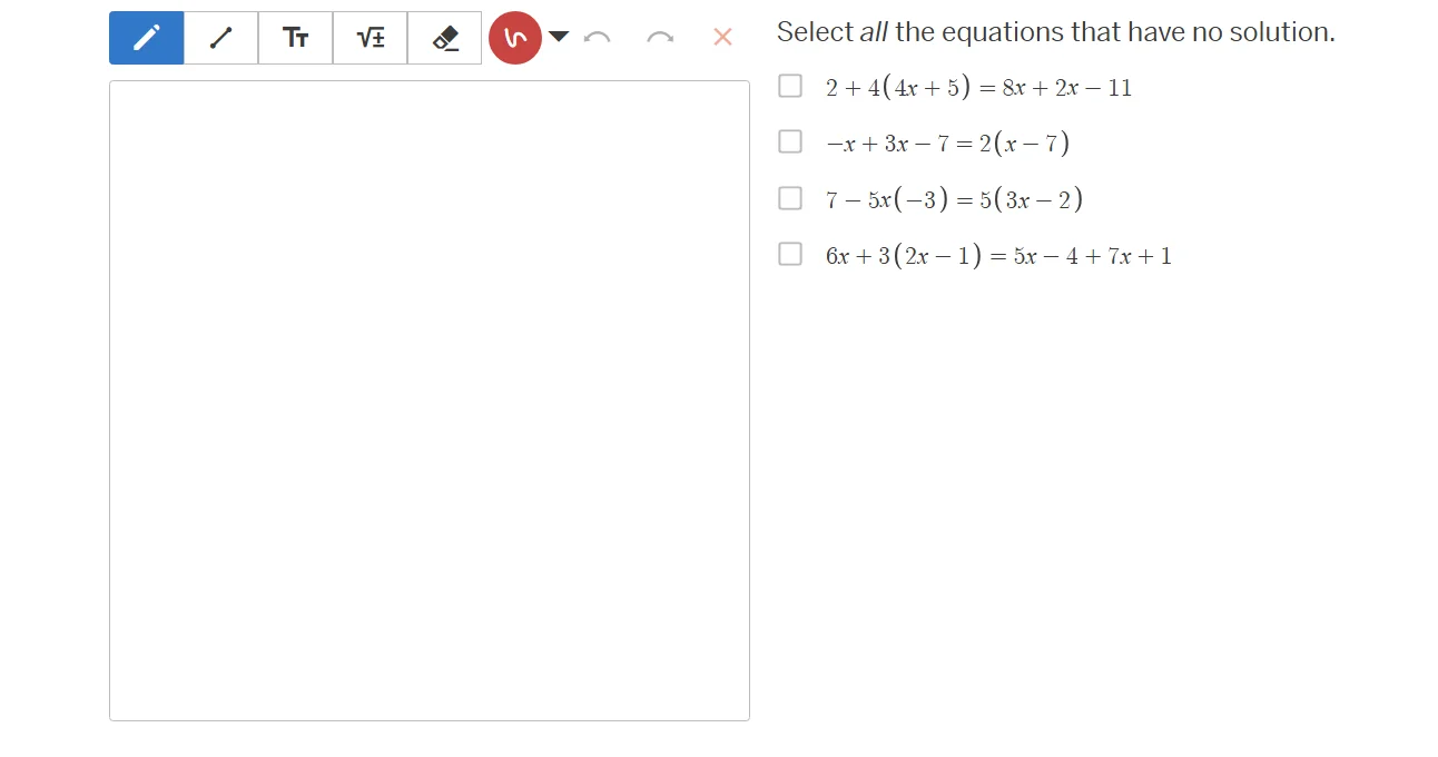 select all the equations that have no solution. 2 + 4(4x + 5) = 8x + 2x…