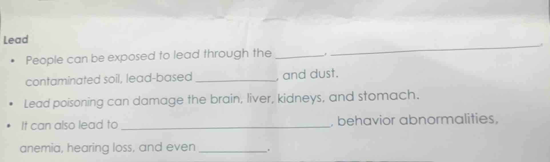 lead - people can be exposed to lead through the ______, ______, contam…