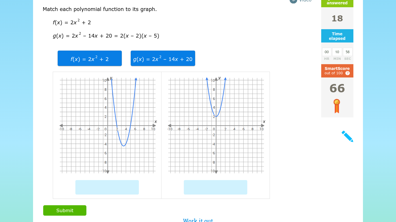 match each polynomial function to its graph. $f(x) = 2x^2 + 2$ $g(x) = …
