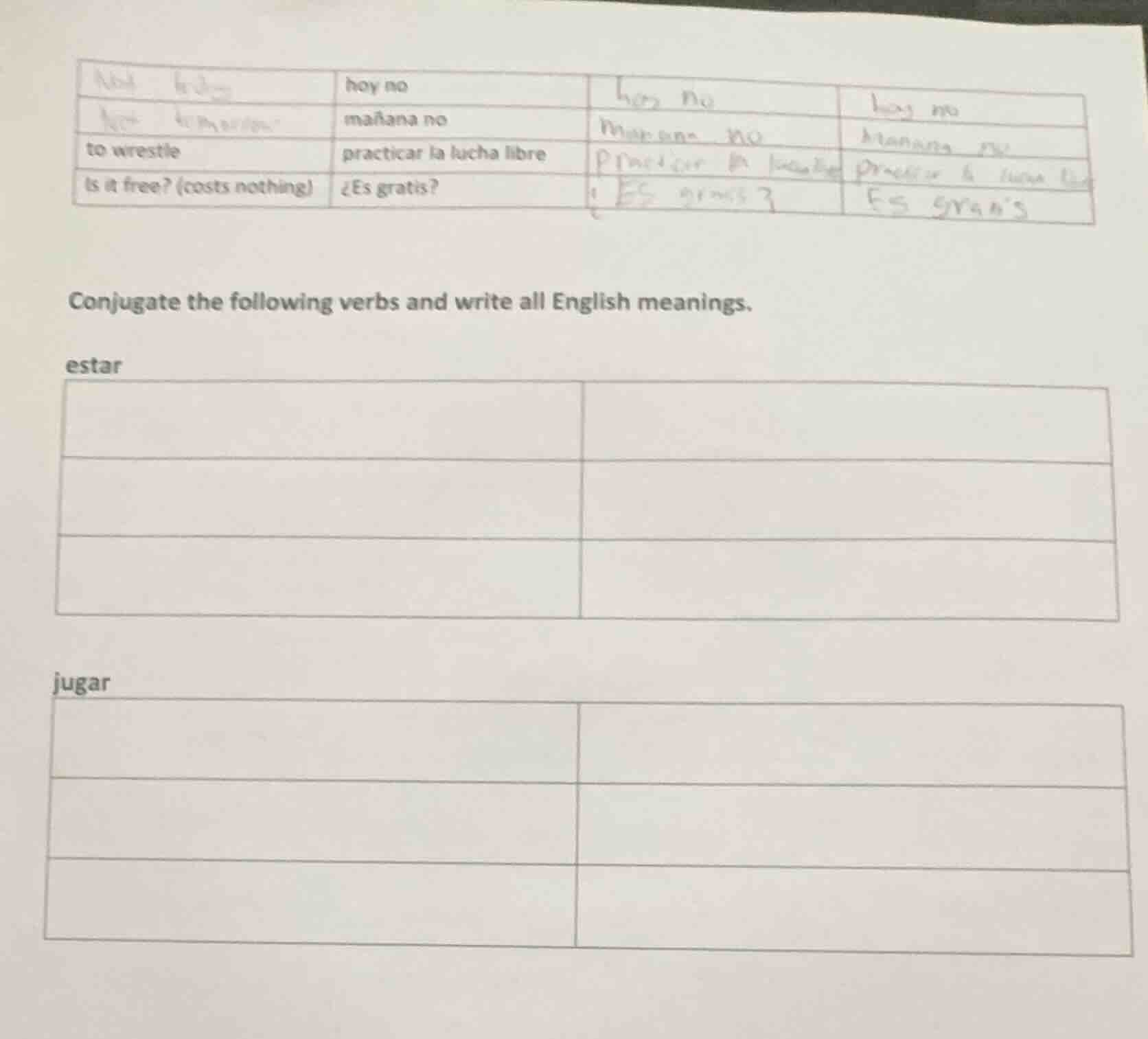 conjugate the following verbs and write all english meanings. estar jug…