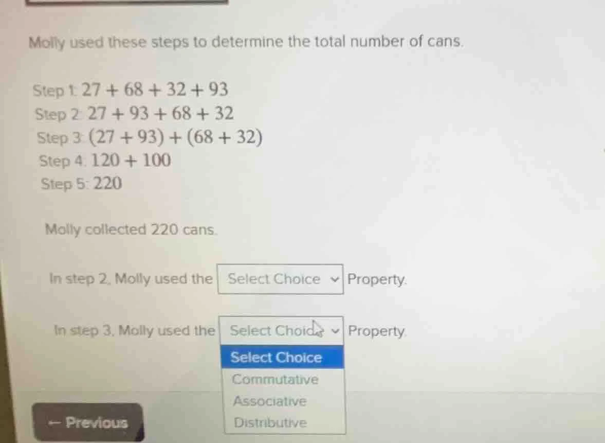 molly used these steps to determine the total number of cans. step 1: $…