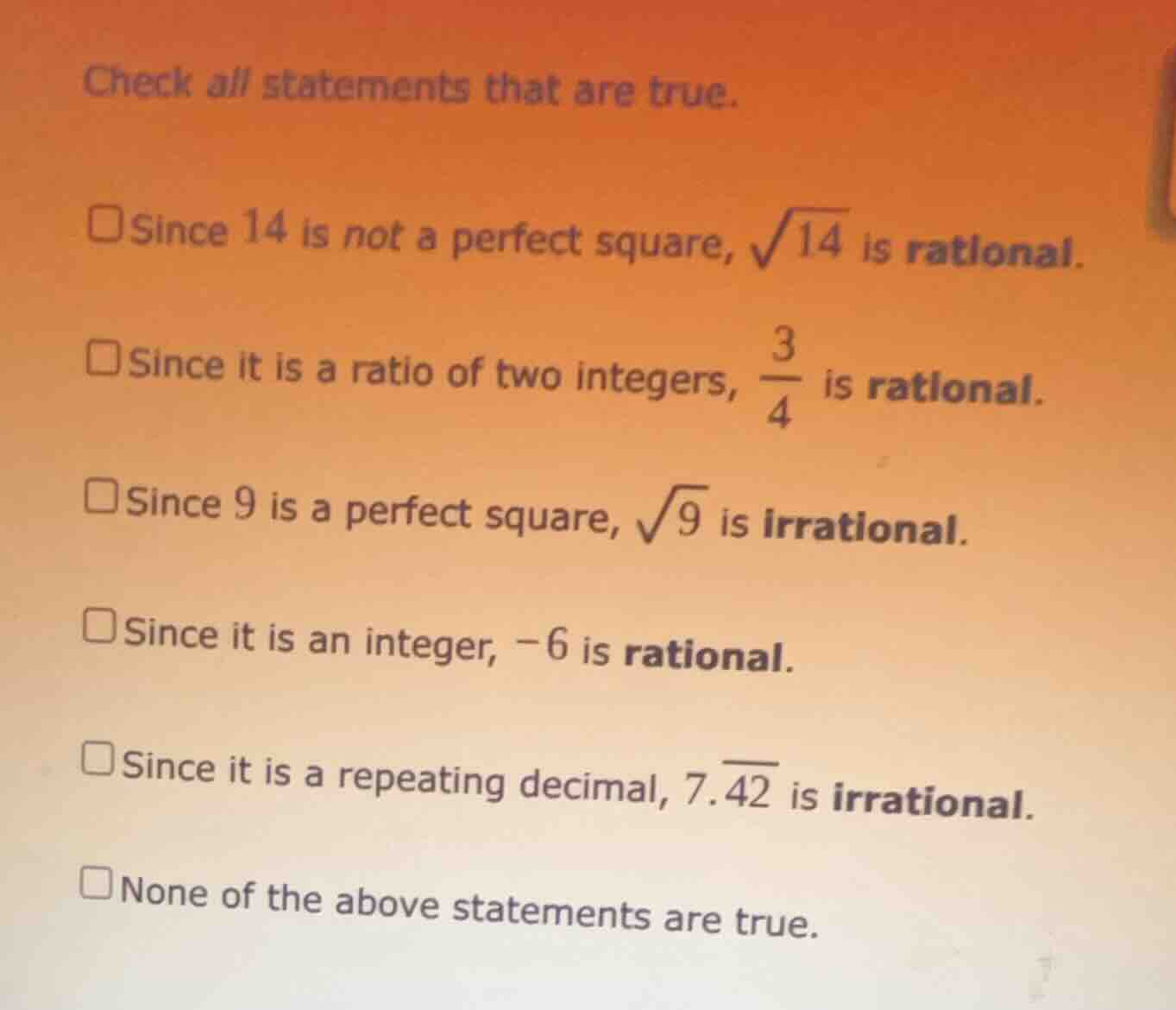 check all statements that are true. since 14 is not a perfect square, $…