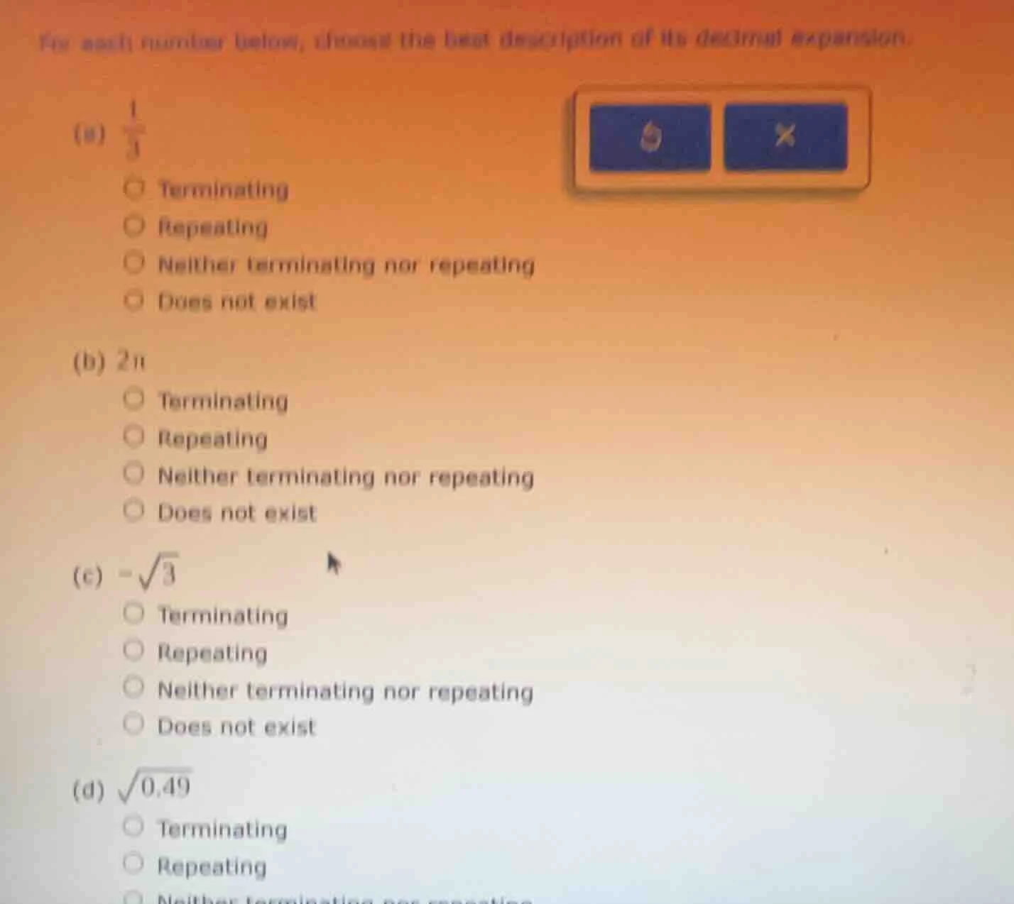 for each number below, choose the best description of its decimal expan…