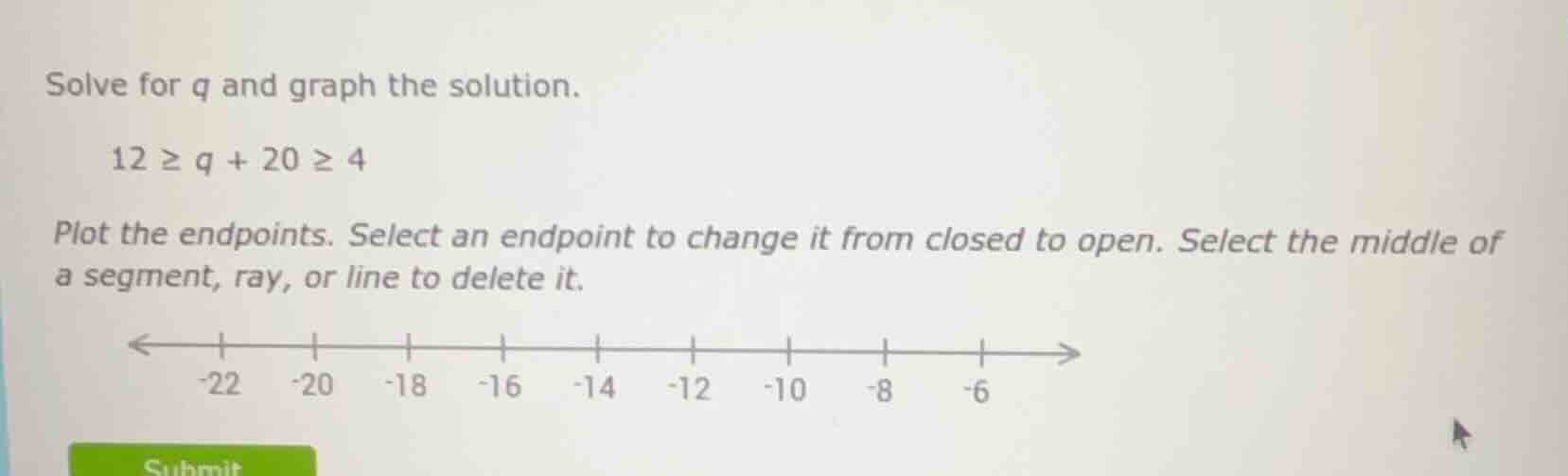 solve for q and graph the solution. 12 ≥ q + 20 ≥ 4 plot the endpoints.…