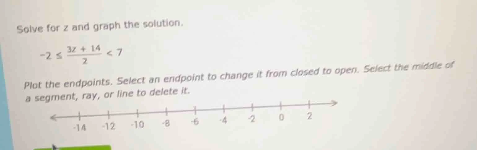 solve for z and graph the solution. \\(-2 \\leq \\frac{3z + 14}{2} < 7\…