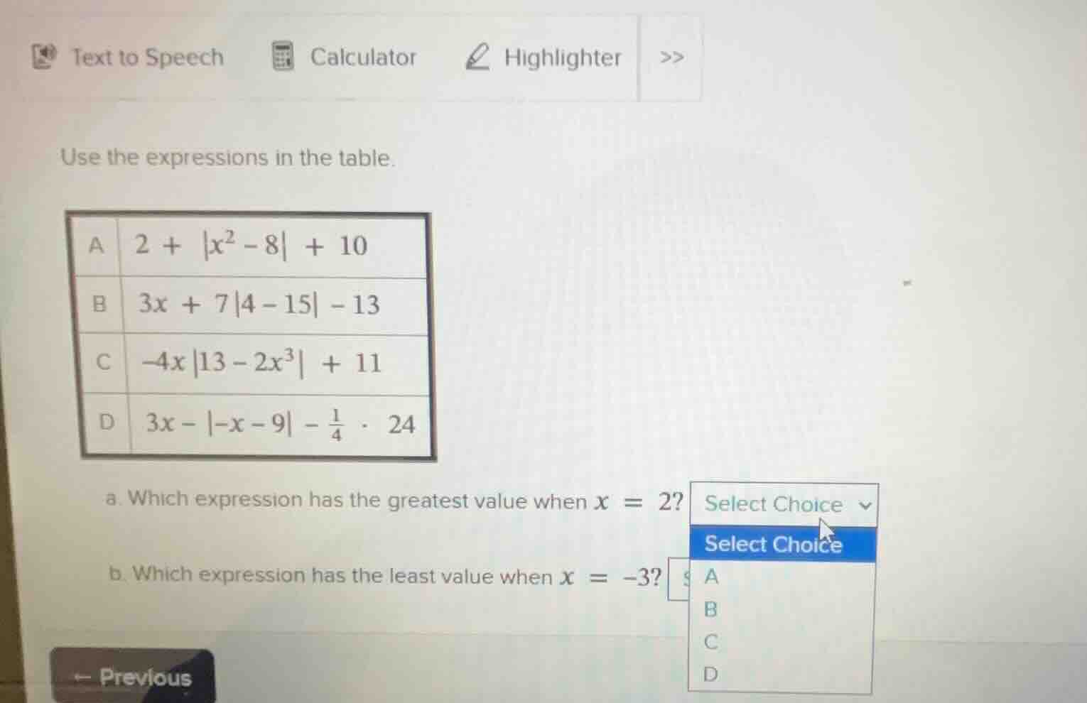 use the expressions in the table. a $2 + |x^2 - 8| + 10$ b $3x + 7|4 - …