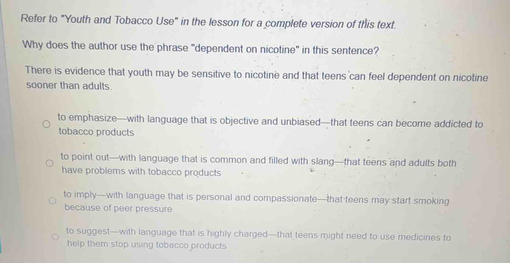 refer to \youth and tobacco use\ in the lesson for a complete version o…
