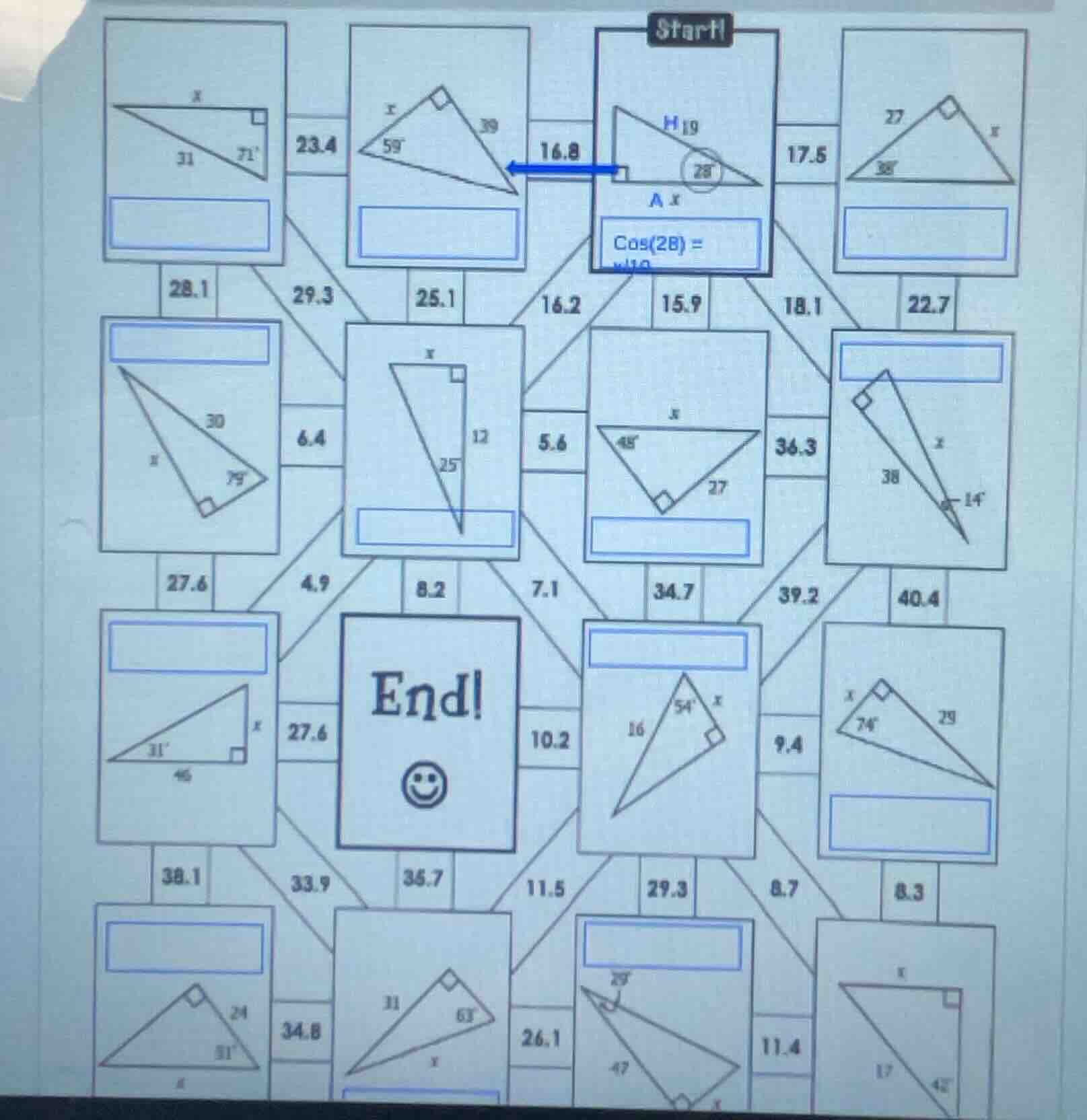 start1 x 31 71° 23.4 x 39 59° 16.8 h 19 28° a x cos(28) = 17.5 27 x 38°…