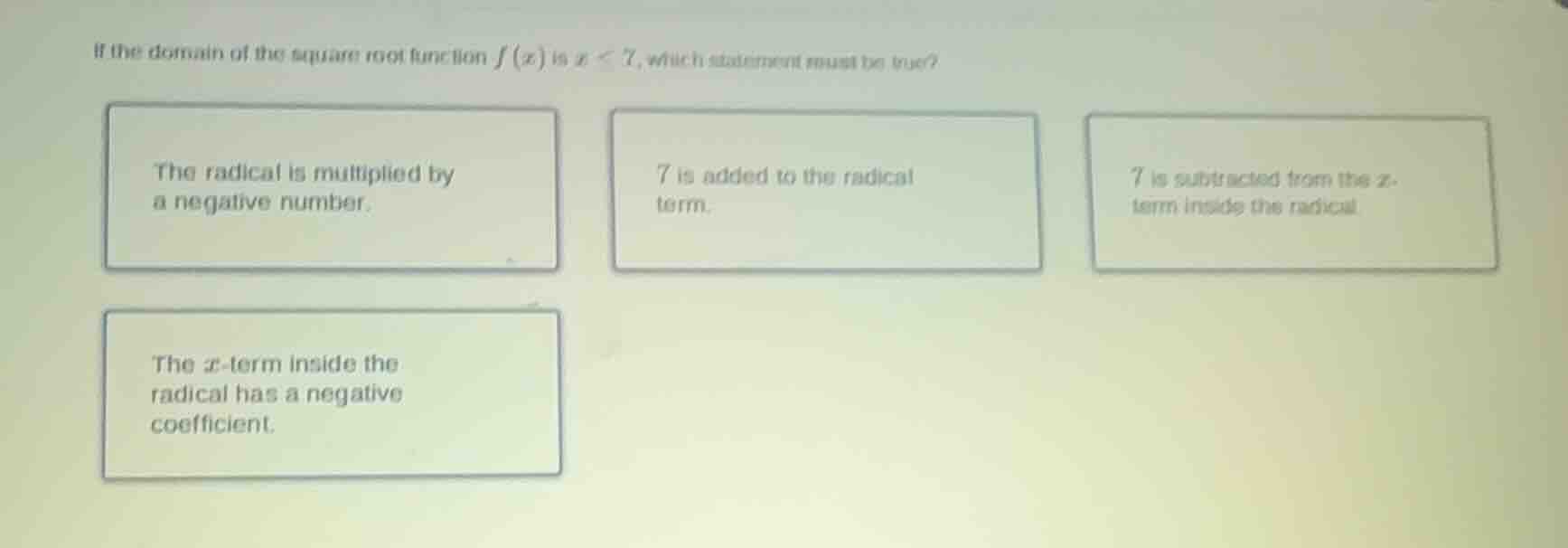 if the domain of the square root function $f(x)$ is $x \\leq 7$, which …