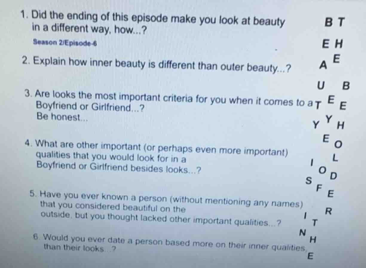 1. did the ending of this episode make you look at beauty in a differen…
