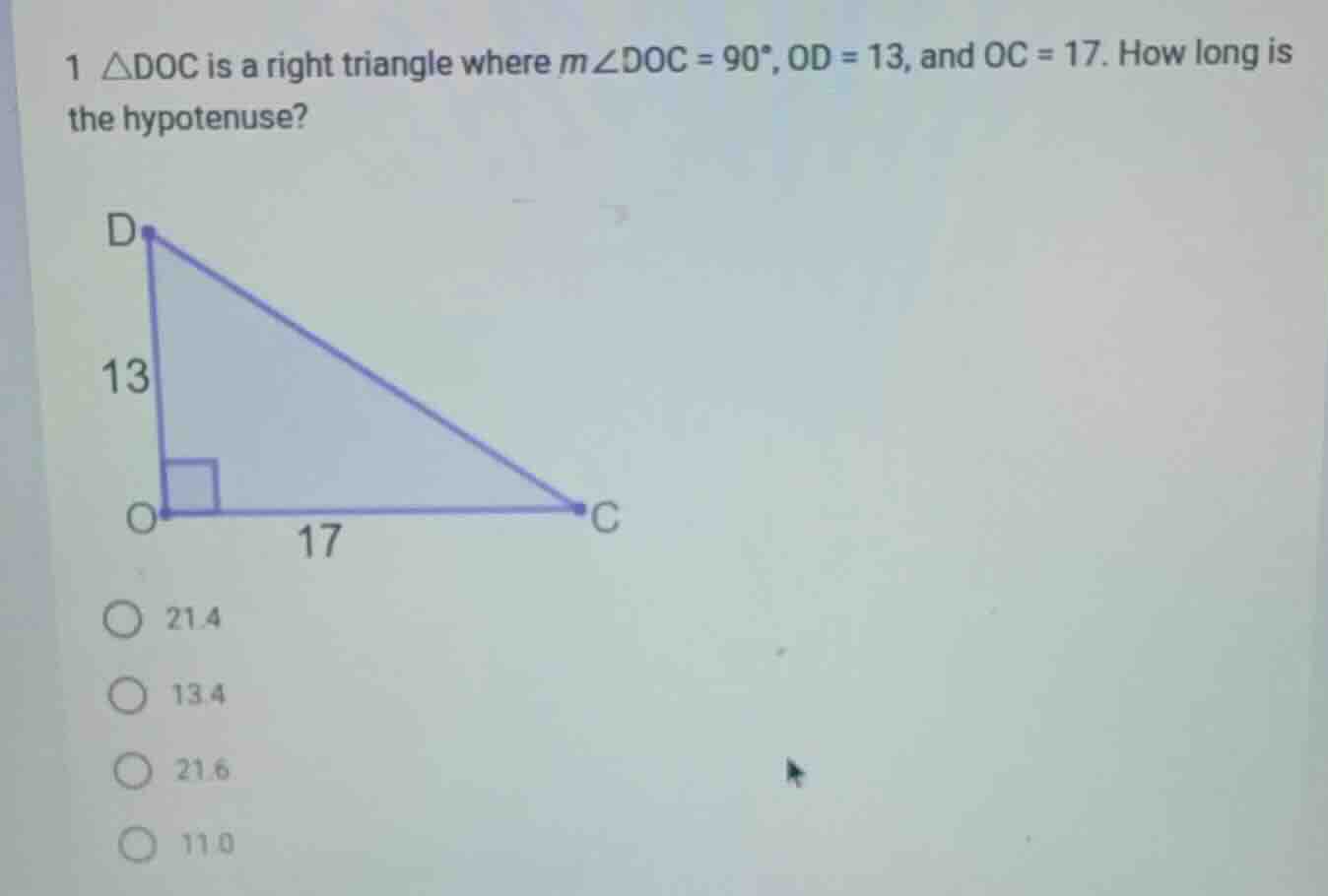 1 △doc is a right triangle where m∠doc = 90°, od = 13, and oc = 17. how…