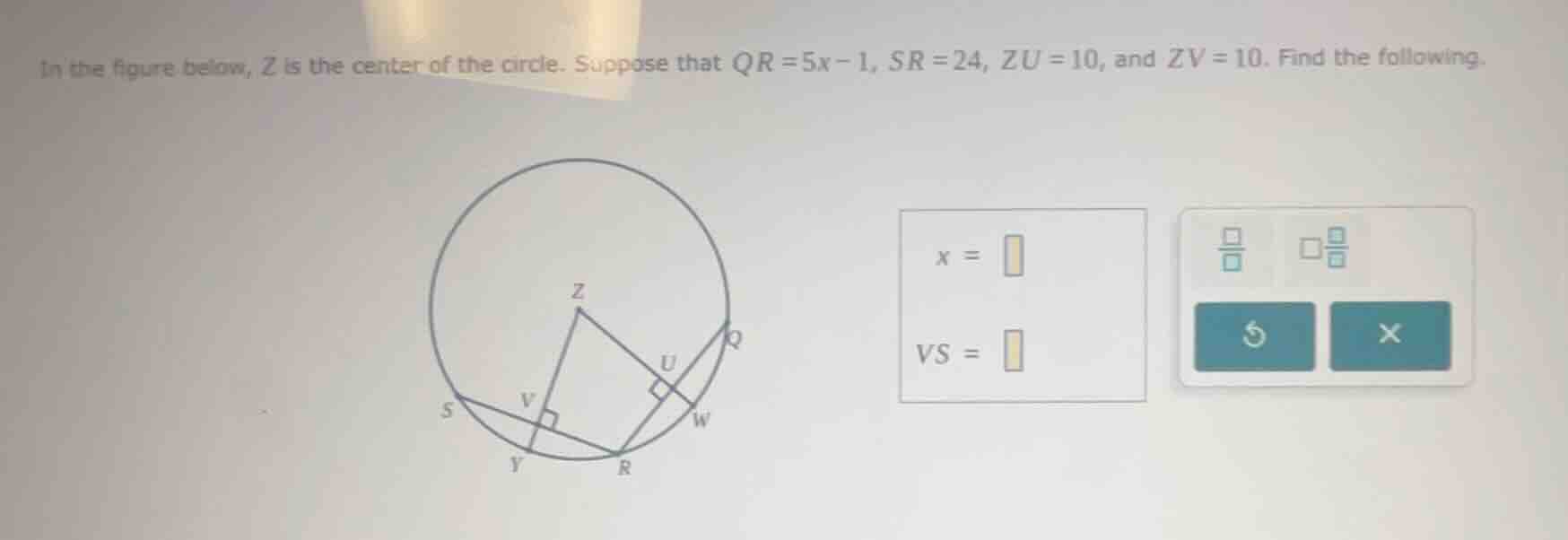 in the figure below, z is the center of the circle. suppose that qr = 5…