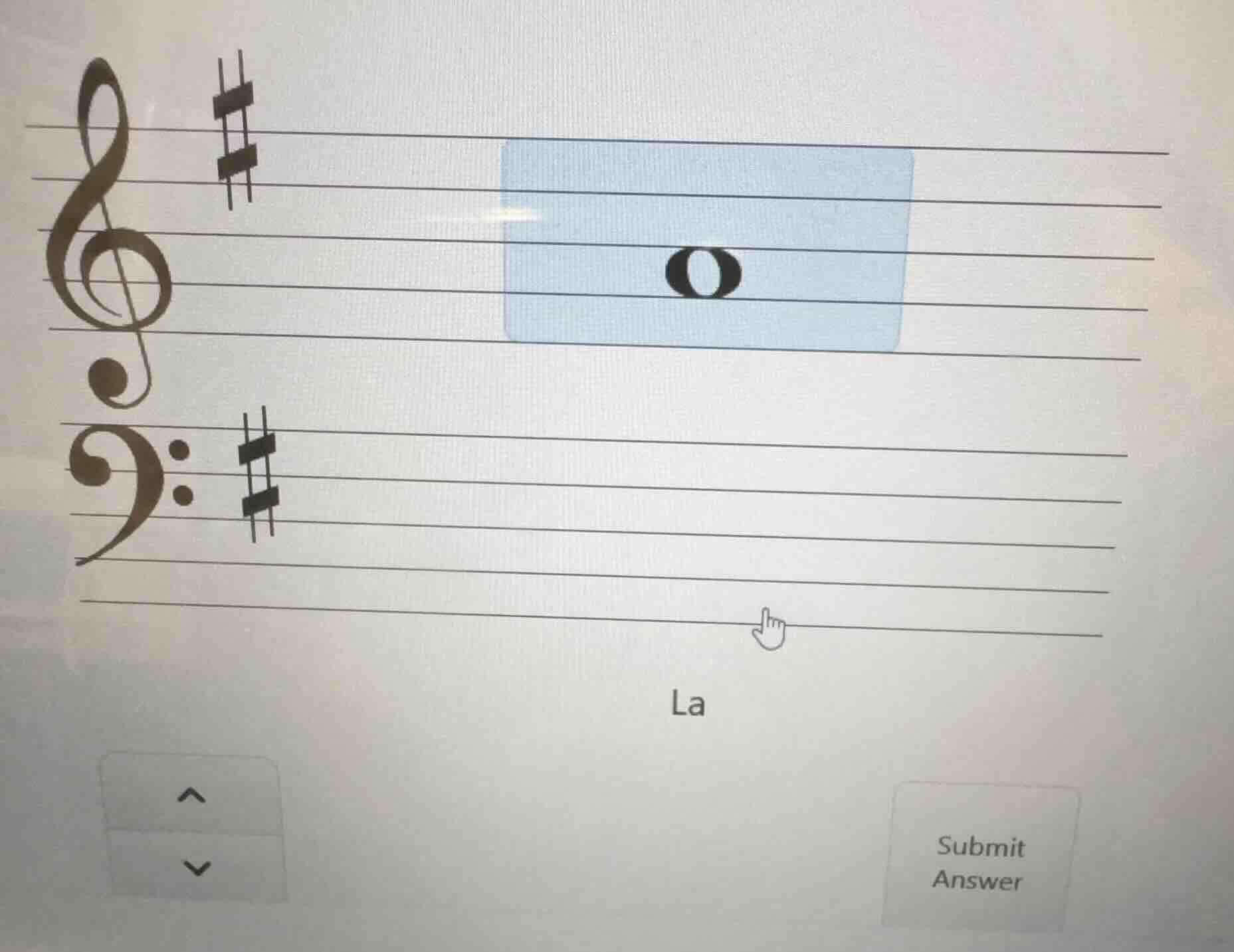treble and bass clefs with sharps, a note, la, arrow buttons, and submi…