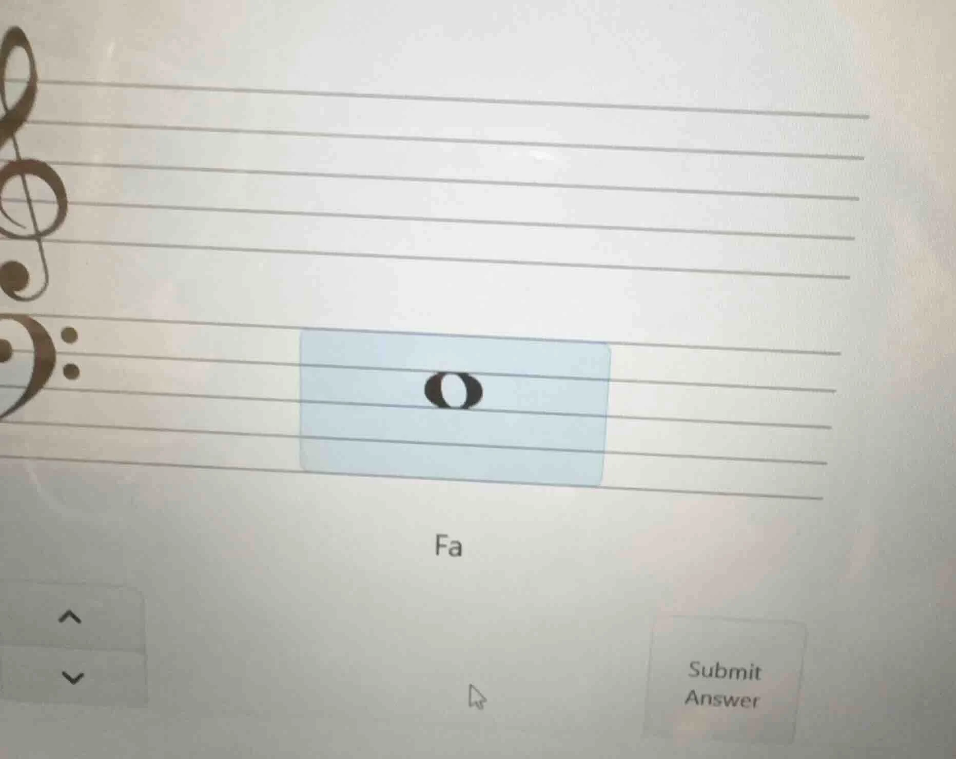 there is a musical staff with a note and the label fa below it, also wi…