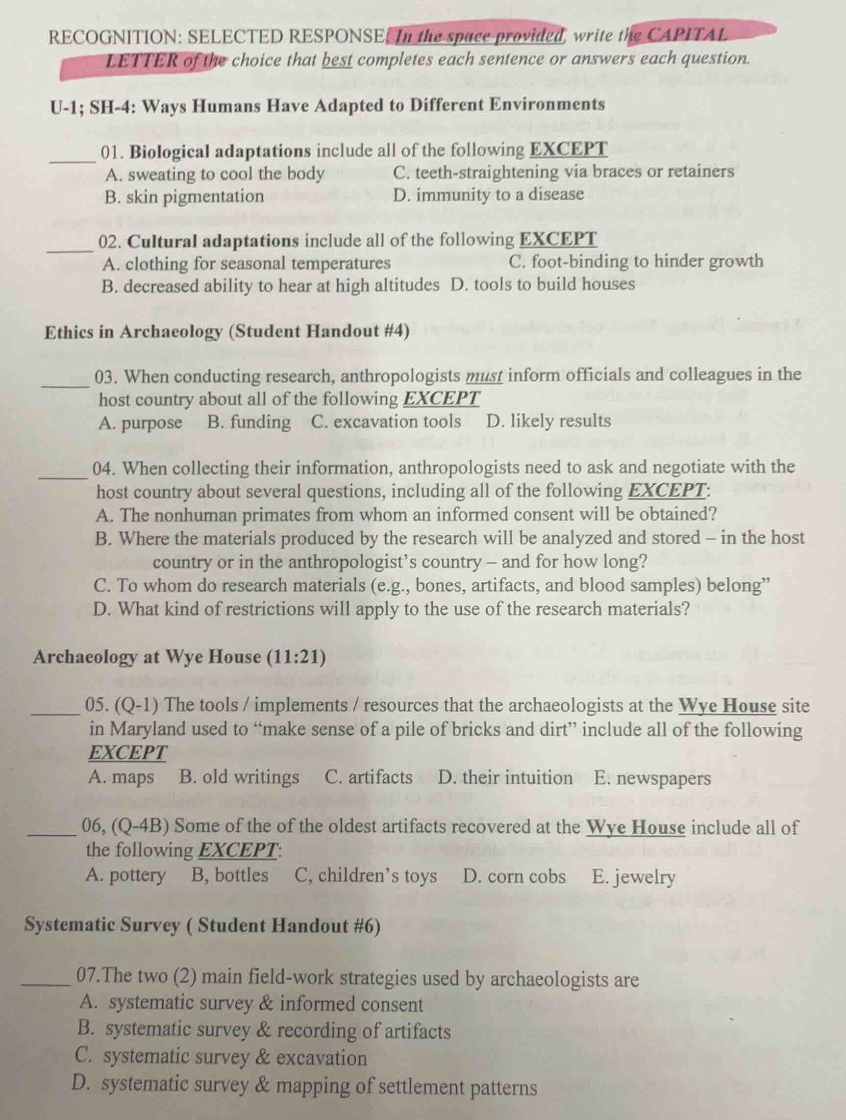 recognition: selected response: in the space provided, write the capita…