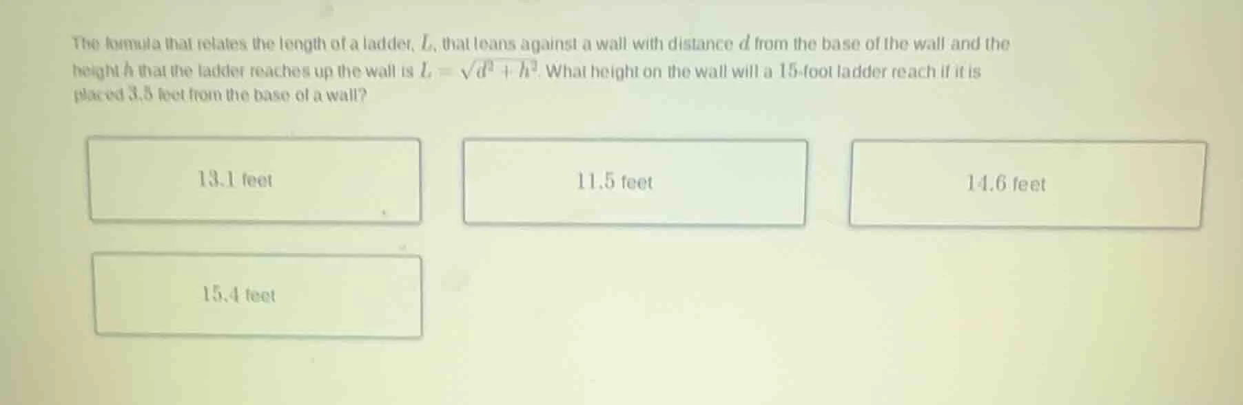 the formula that relates the length of a ladder, ( l ), that leans agai…