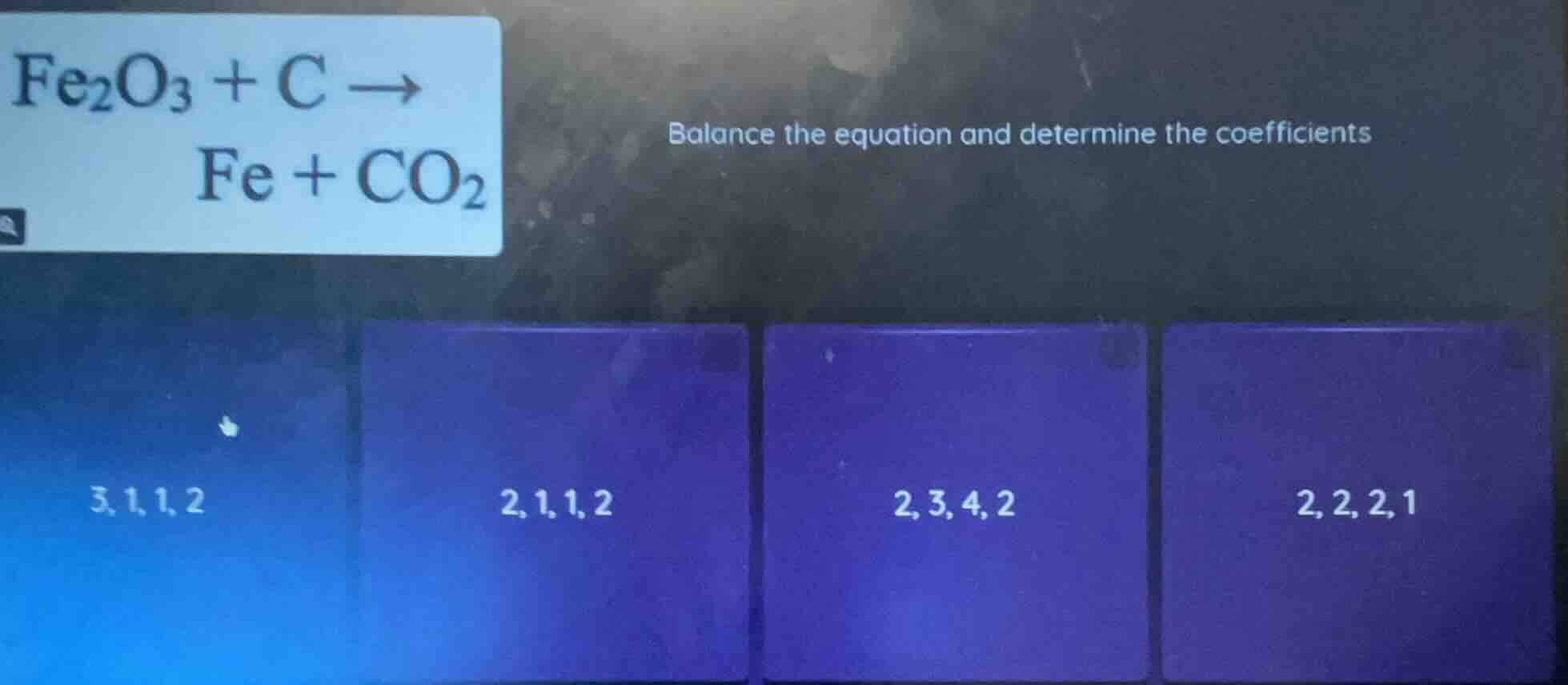 fe₂o₃ + c → fe + co₂ balance the equation and determine the coefficient…
