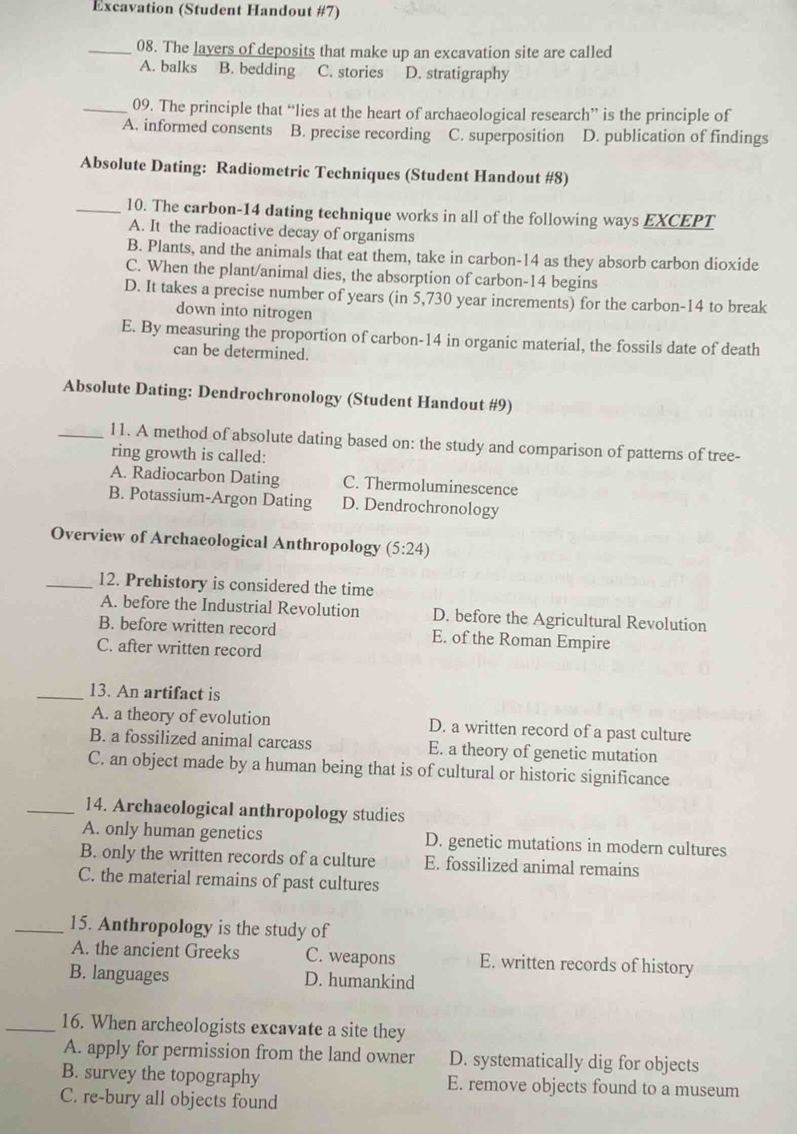 excavation (student handout #7) ______ 08. the layers of deposits that …