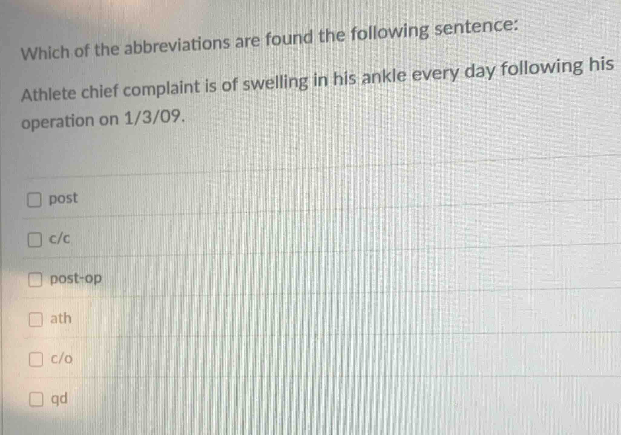 which of the abbreviations are found the following sentence: athlete ch…