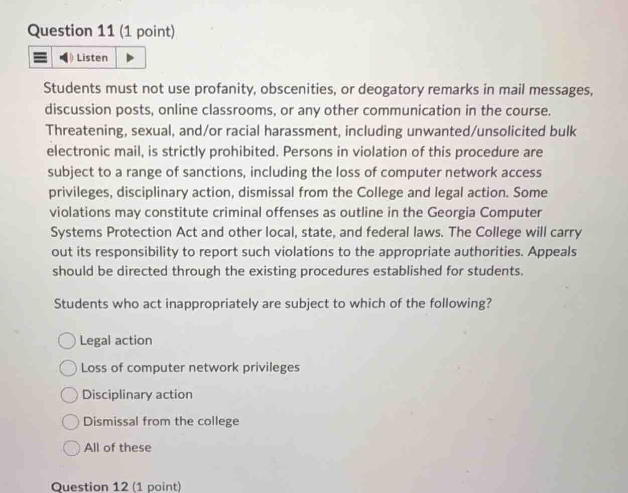 question 11 (1 point) listen students must not use profanity, obsceniti…