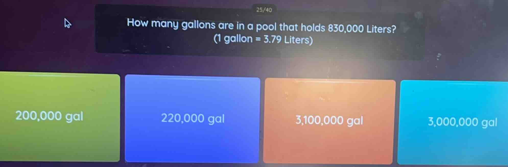 how many gallons are in a pool that holds 830,000 liters? (1 gallon = 3…
