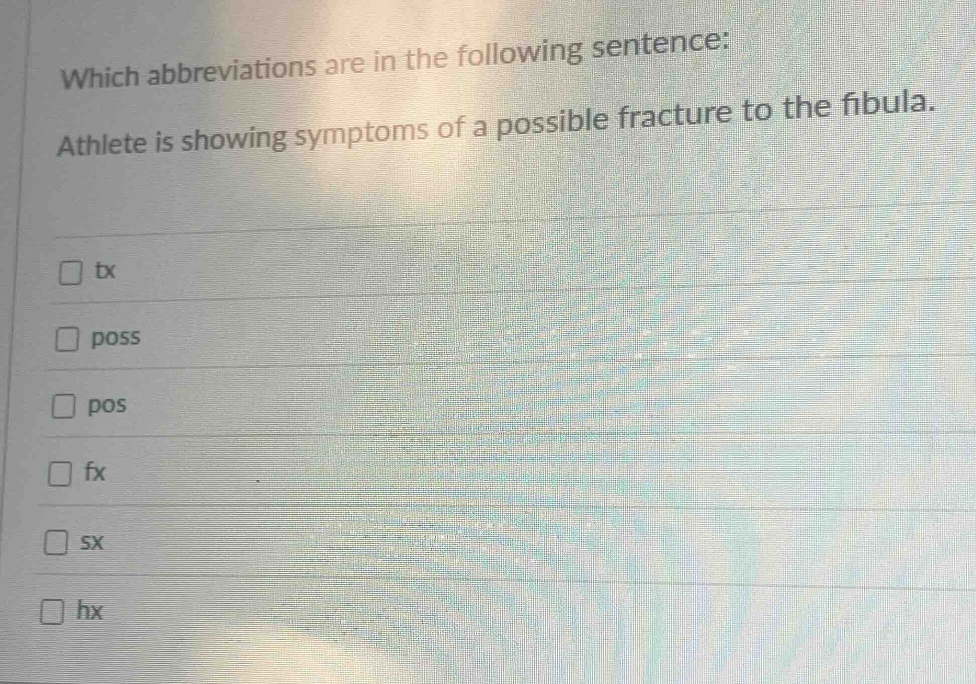 which abbreviations are in the following sentence: athlete is showing s…