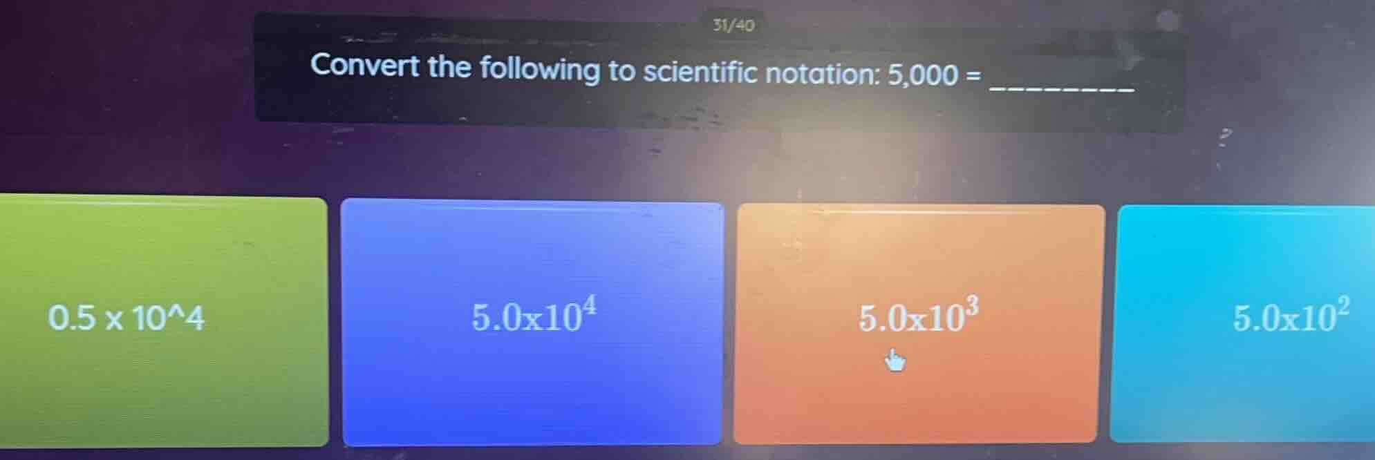 convert the following to scientific notation: 5,000 = _______ options: …