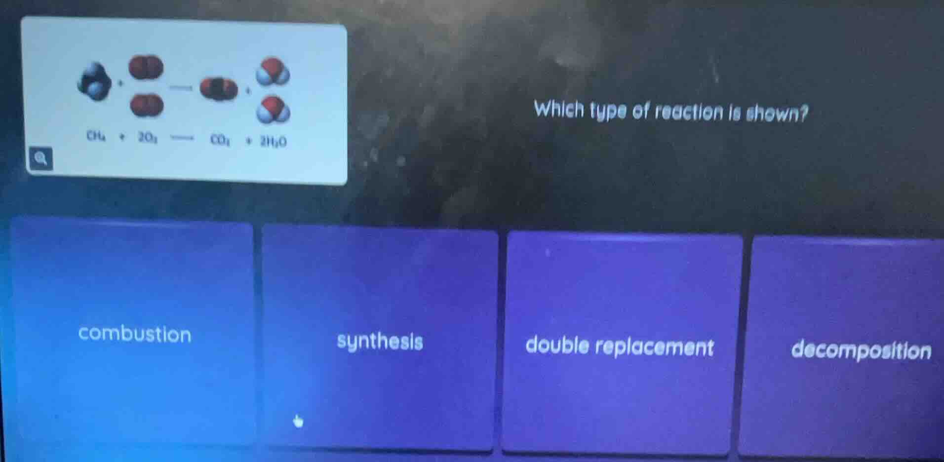 ch₄ + 2o₂ —— co₂ + 2h₂o which type of reaction is shown? combustion syn…