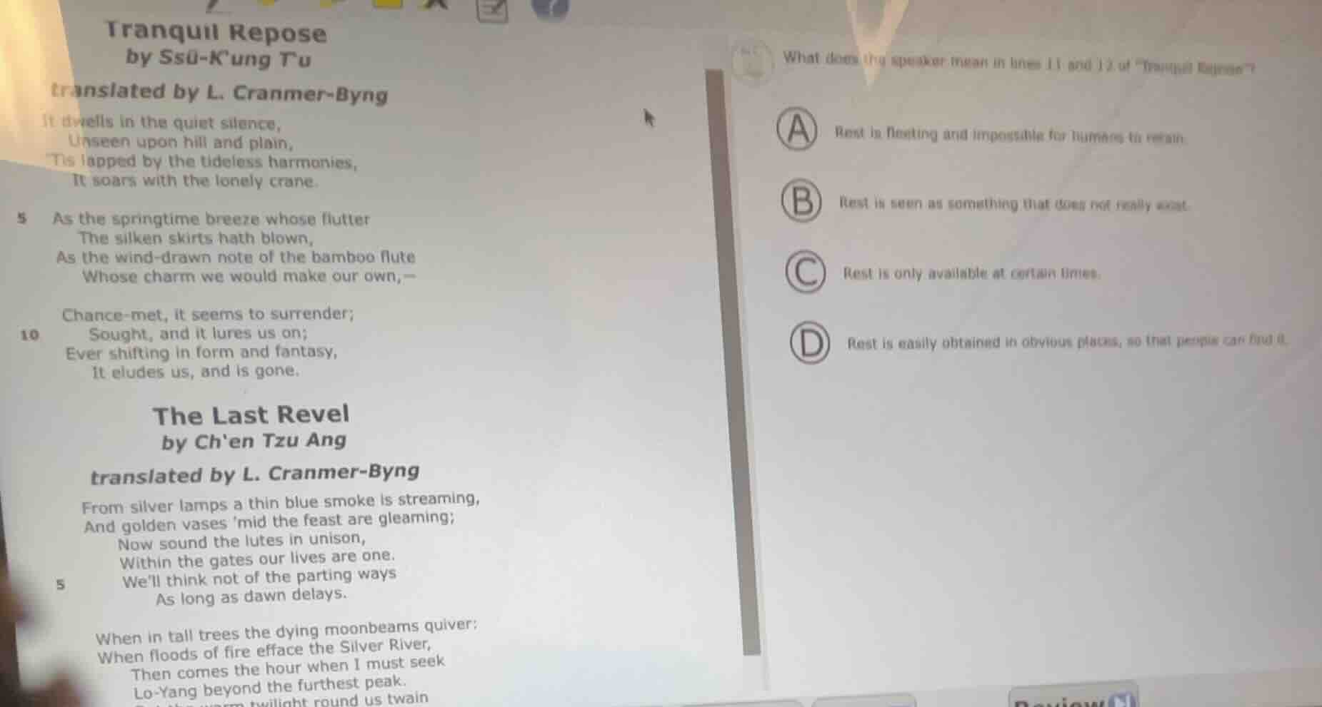 tranquil repose by ssū-k’ung tu translated by l. cranmer-byng it dwells…