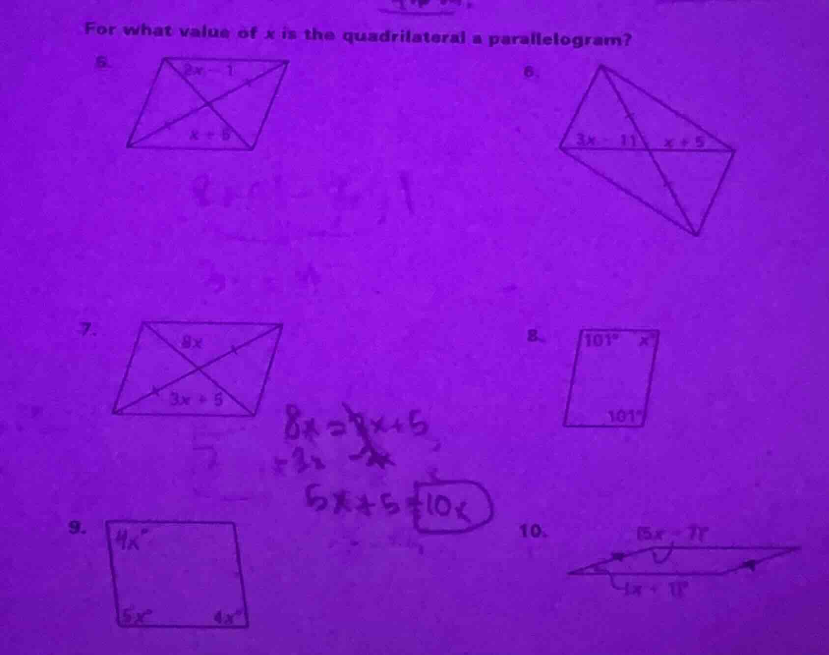 for what value of x is the quadrilateral a parallelogram? 5. diagram of…