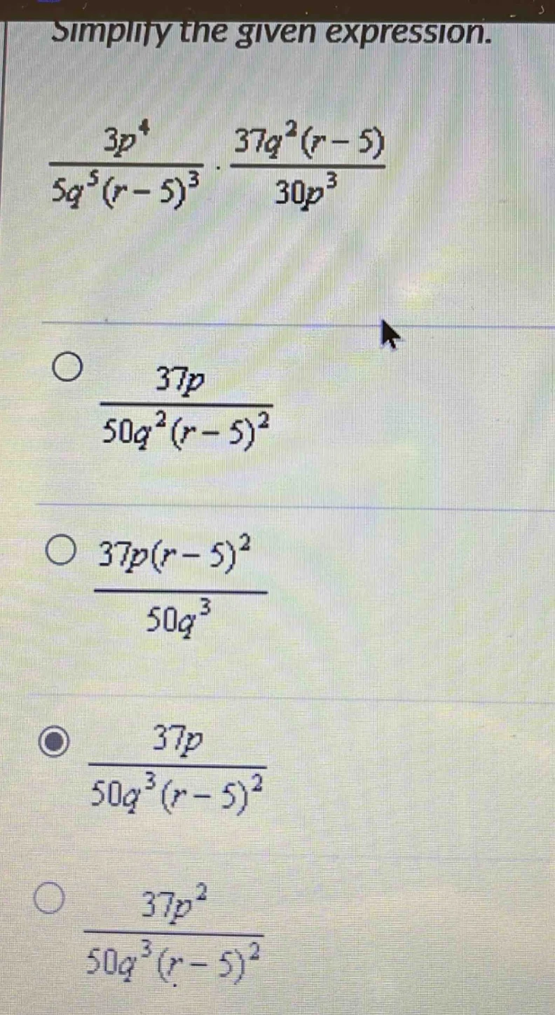simplify the given expression. \\(\\frac{3p^4}{5q^5(r - 5)^3} \\cdot \\…