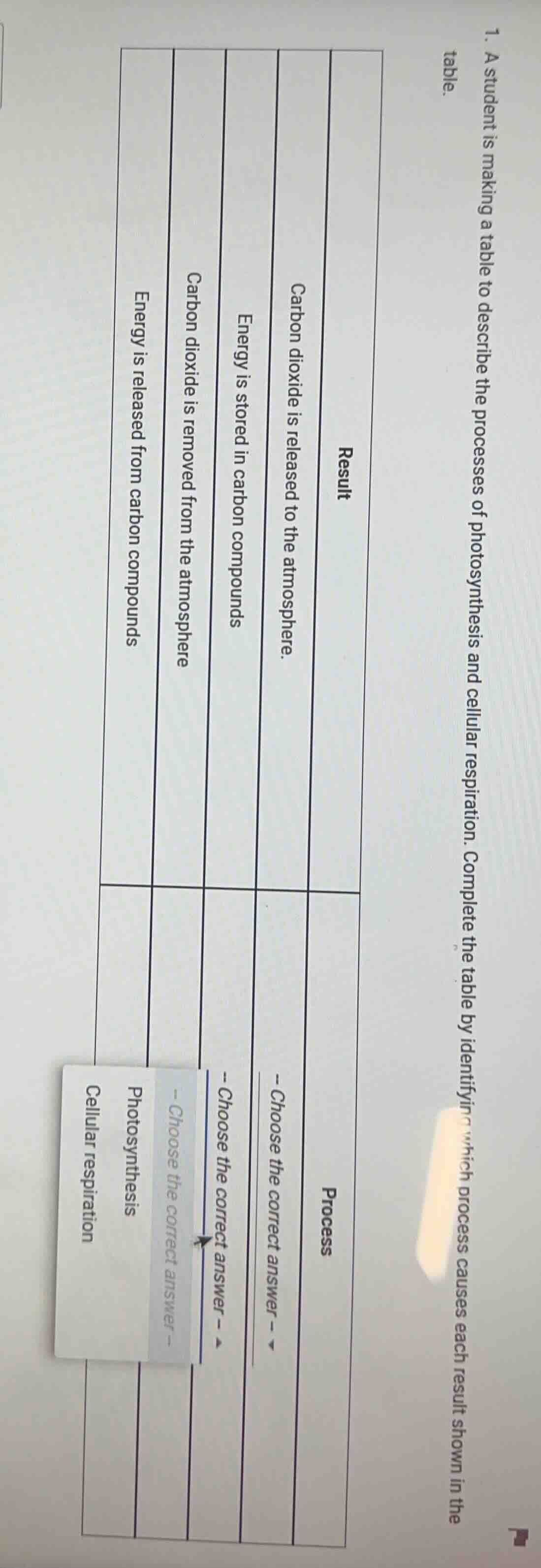 1. a student is making a table to describe the processes of photosynthe…