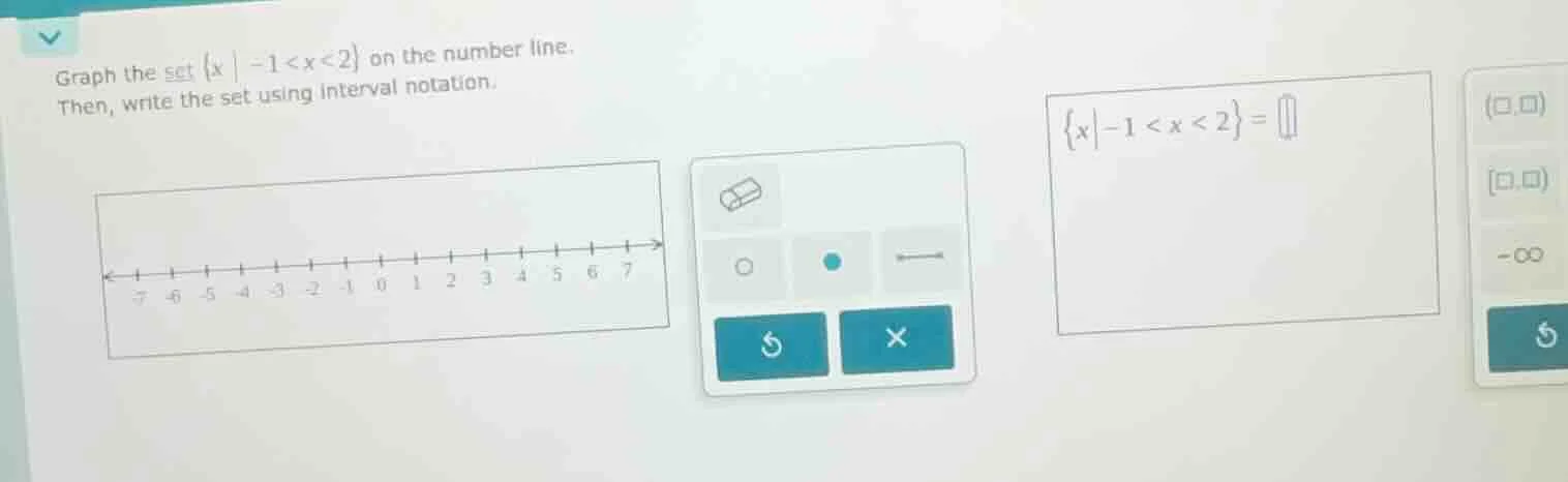 graph the set {x | -1 < x < 2} on the number line. then, write the set …