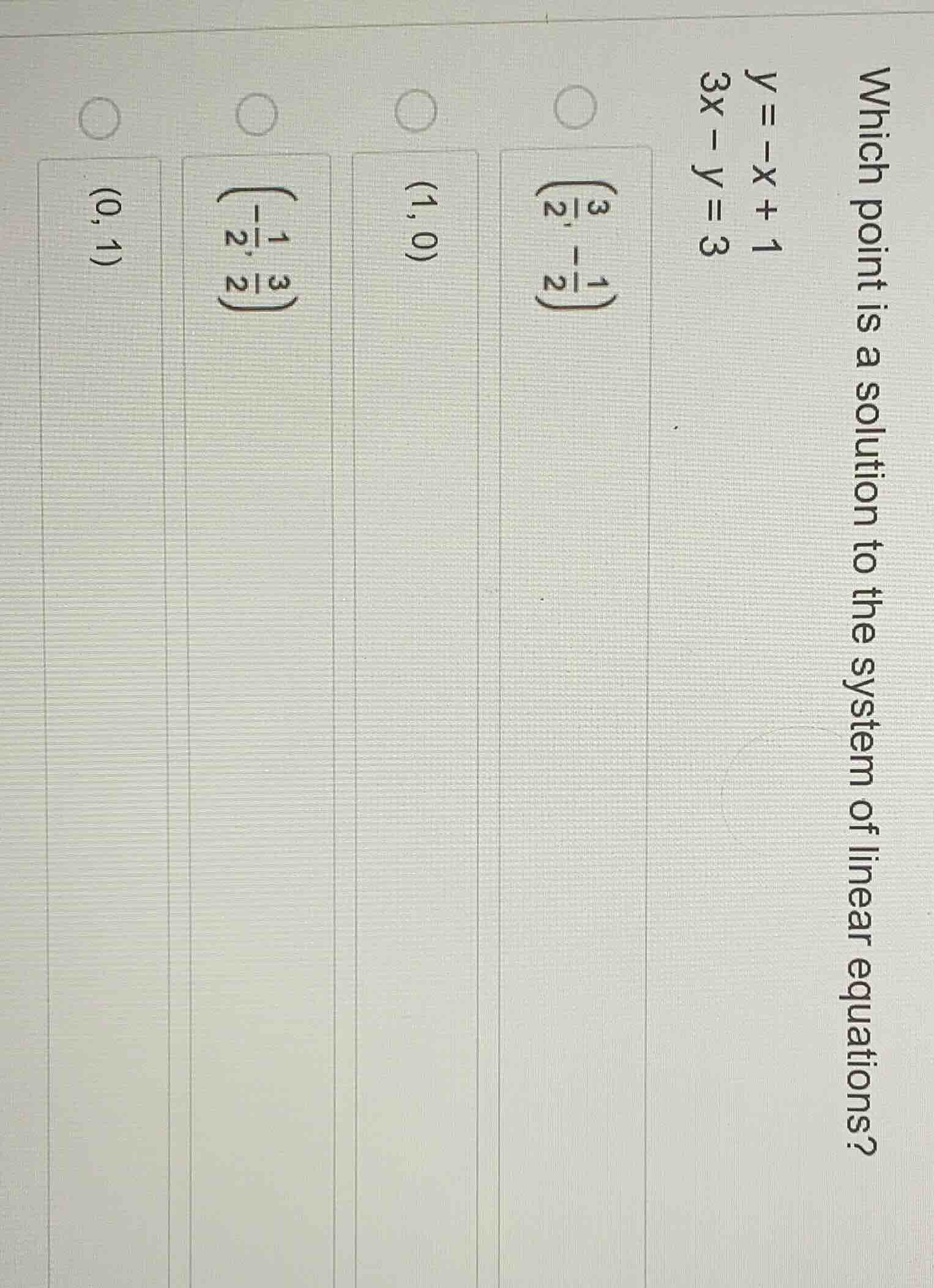 which point is a solution to the system of linear equations? y = -x + 1…